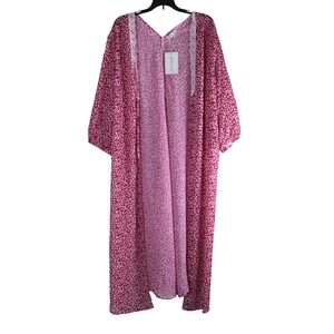 JEN & CO Pink Floral Lace Trim Long Kimono Cardigan Duster One Size